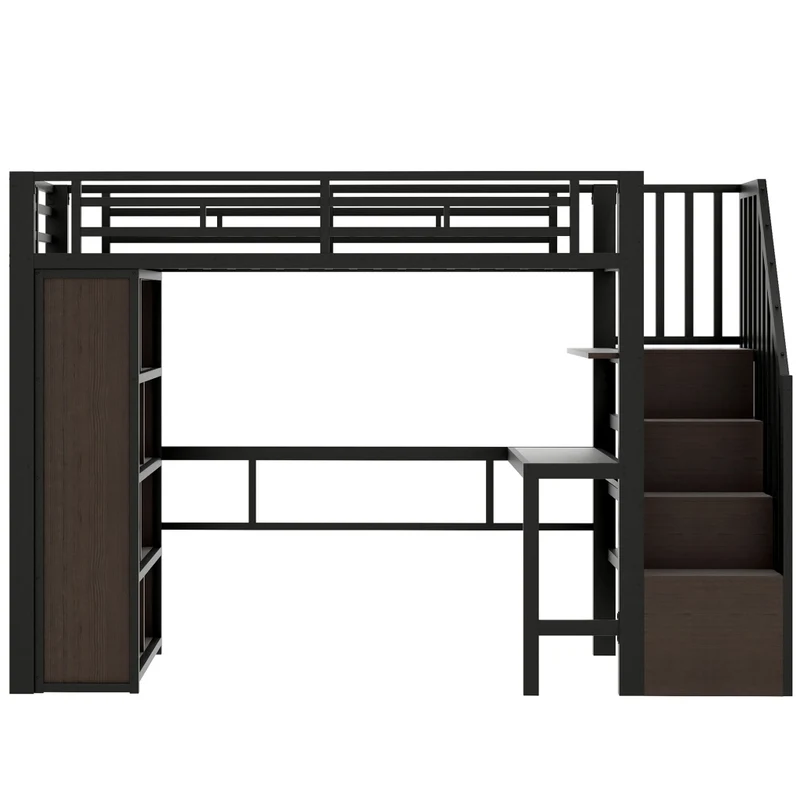 Letto a soppalco 90 x 200 cm con scrivania; scala contenitore e LED; struttura in metallo e MDF nera