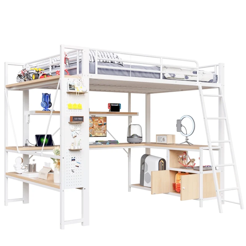 Letto a soppalco 140x200 con scrivania integrata; struttura in metallo e MDF; LED e contenitori; bianco
