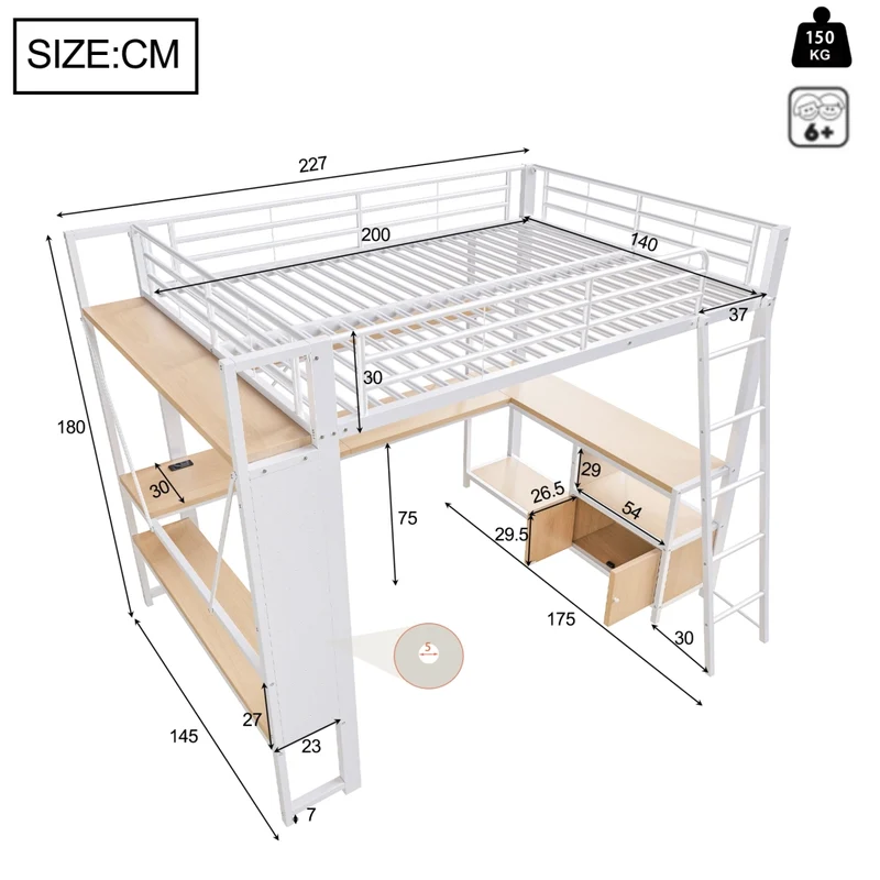 Letto a soppalco 140x200 con scrivania integrata; struttura in metallo e MDF; LED e contenitori; bianco