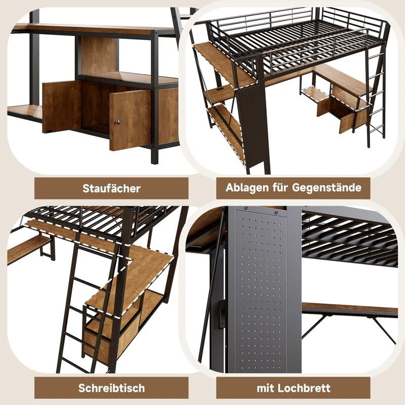 Letto a soppalco 140x200 con scrivania; LED; porte USB; scaffali e vani; struttura in metallo e MDF; nero