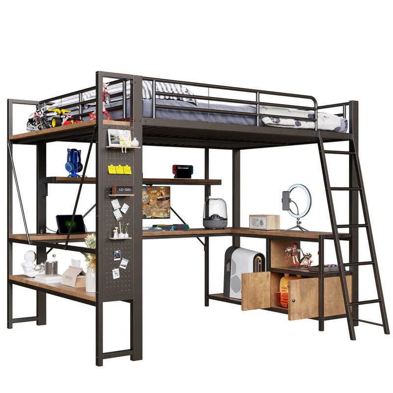 Letto a soppalco 140x200 con scrivania; LED; porte USB; scaffali e vani; struttura in metallo e MDF; nero