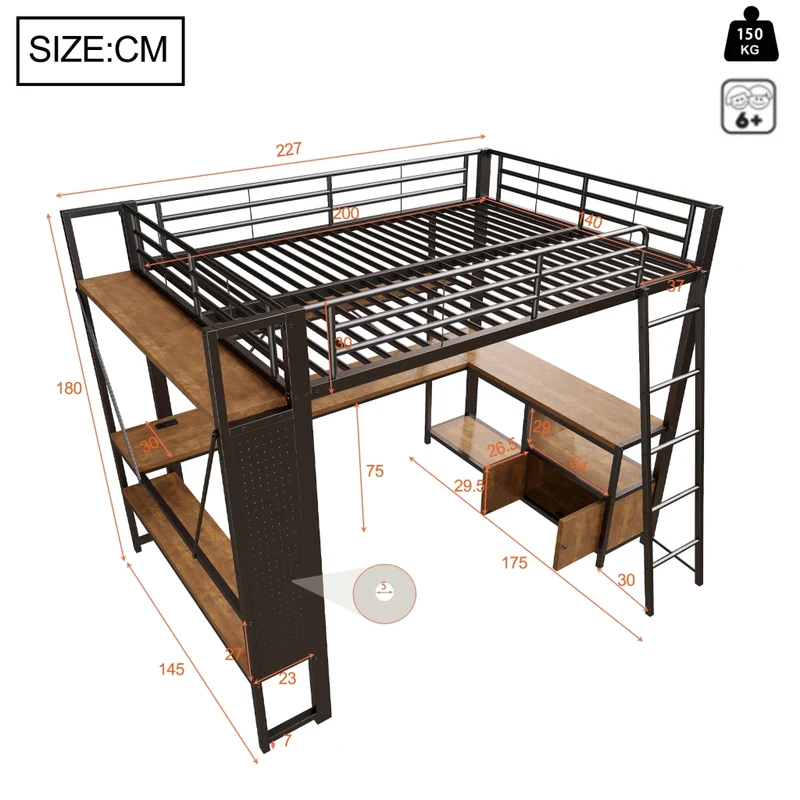 Letto a soppalco 140x200 con scrivania; LED; porte USB; scaffali e vani; struttura in metallo e MDF; nero
