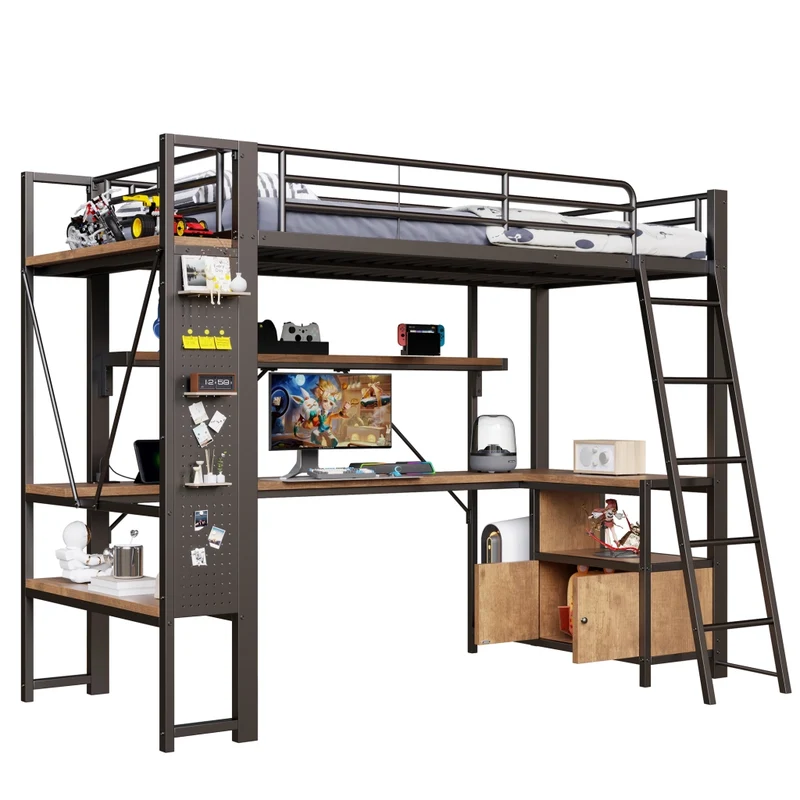 Letto a soppalco 90x200 cm con scrivania integrata; struttura in metallo e MDF; LED; scaffali e USB; nero