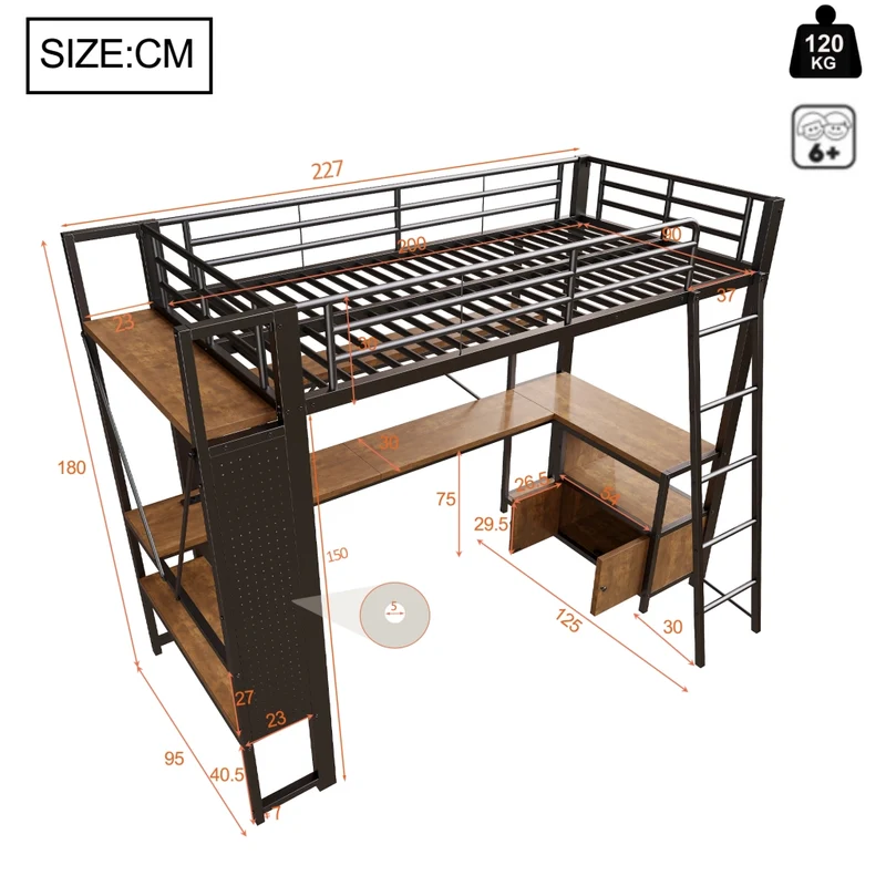 Letto a soppalco 90x200 cm con scrivania integrata; struttura in metallo e MDF; LED; scaffali e USB; nero
