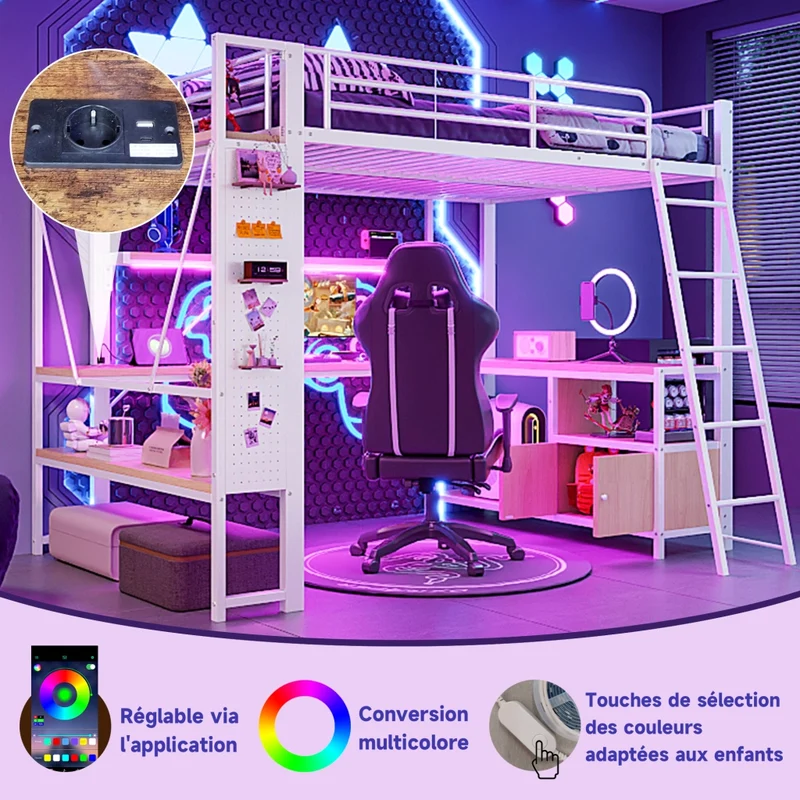 Letto a soppalco 90x200 cm con scrivania integrata; struttura in metallo e MDF; LED; scaffali e USB; bianco
