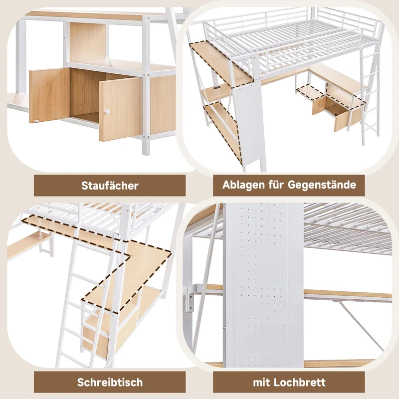 Letto a soppalco 90x200 cm con scrivania integrata; struttura in metallo e MDF; LED; scaffali e USB; bianco