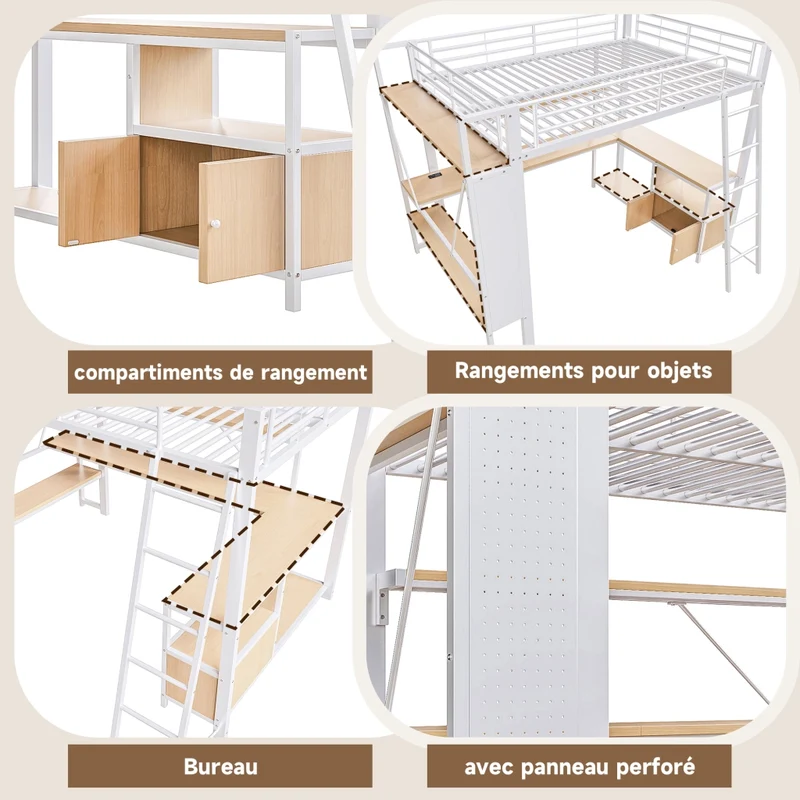 Letto a soppalco 90x200 cm con scrivania integrata; struttura in metallo e MDF; LED; scaffali e USB; bianco