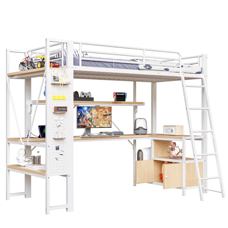 Letto a soppalco 90x200 cm con scrivania integrata; struttura in metallo e MDF; LED; scaffali e USB; bianco