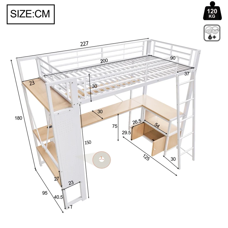 Letto a soppalco 90x200 cm con scrivania integrata; struttura in metallo e MDF; LED; scaffali e USB; bianco