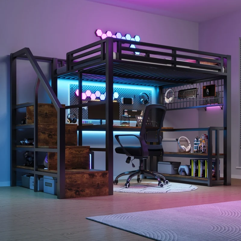 Letto a soppalco 140 x 200 cm in metallo nero con LED; scrivania e contenitori