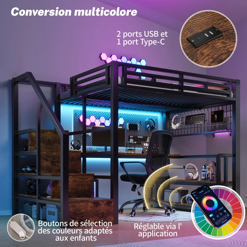 Letto a soppalco 140 x 200 cm in metallo nero con LED; scrivania e contenitori