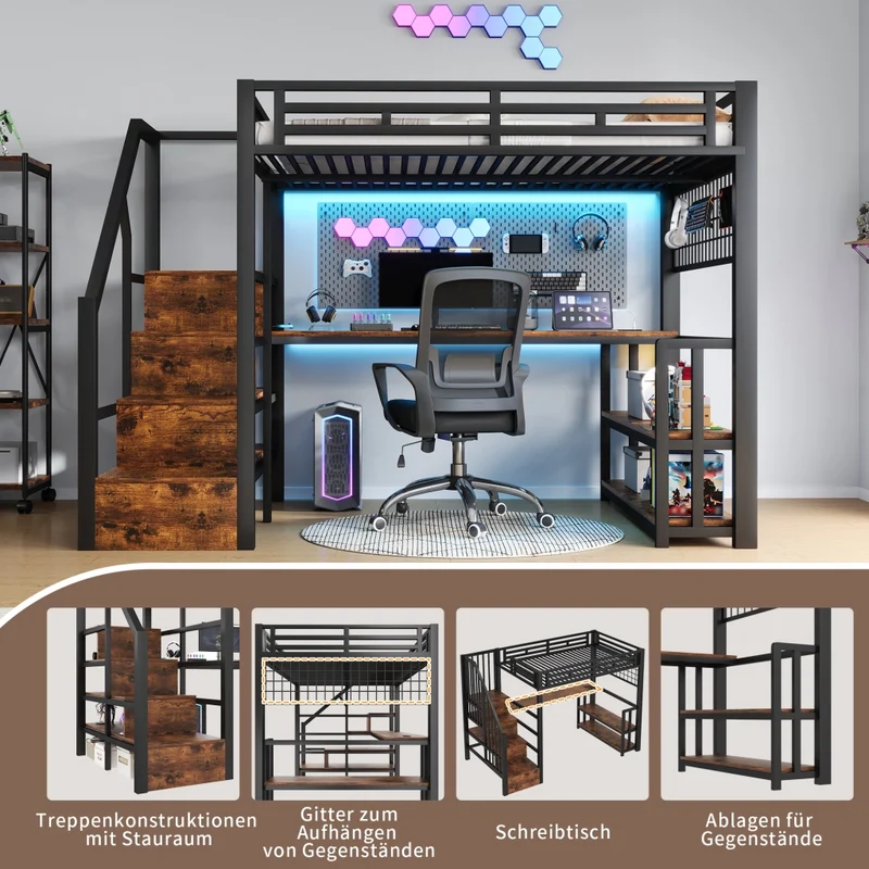 Letto a soppalco 140 x 200 cm in metallo nero con LED; scrivania e contenitori
