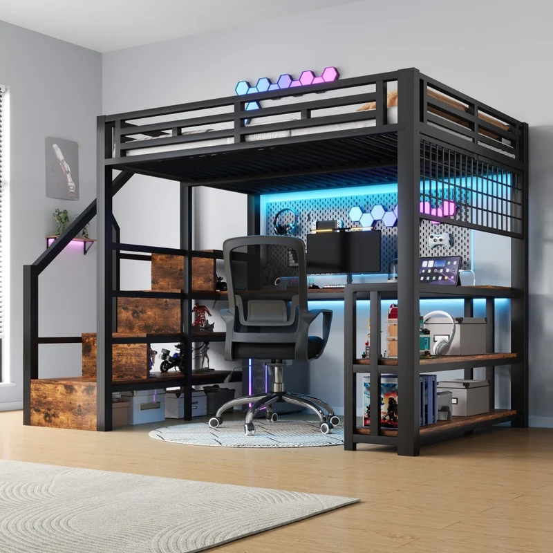 Letto a soppalco 140 x 200 cm in metallo nero con LED; scrivania e contenitori