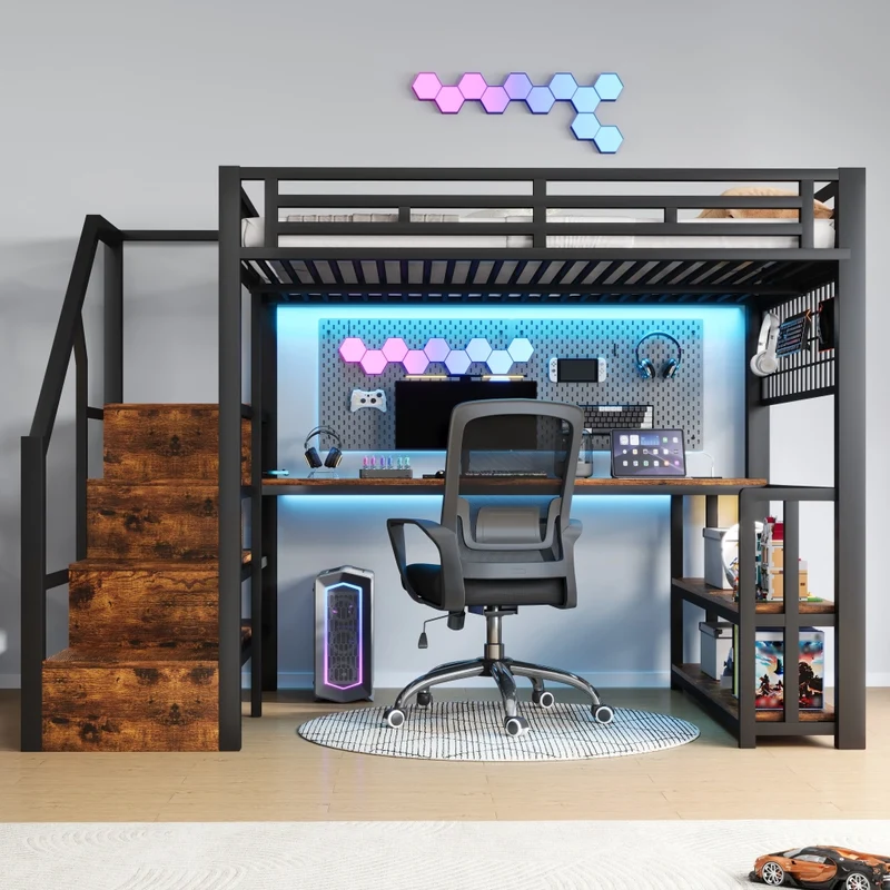 Letto a soppalco 140 x 200 cm in metallo nero con LED; scrivania e contenitori