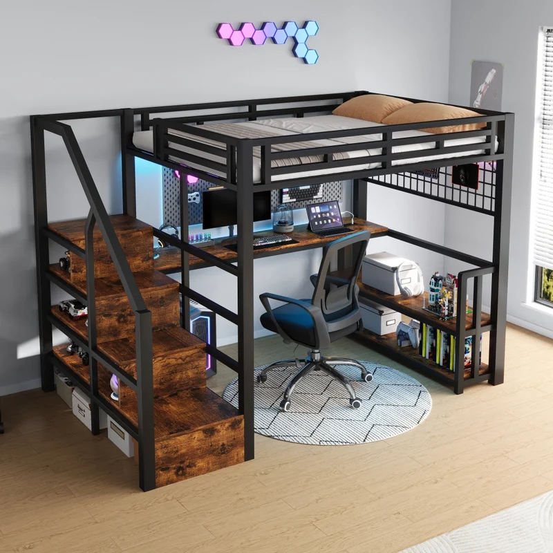 Letto a soppalco 140 x 200 cm in metallo nero con LED; scrivania e contenitori