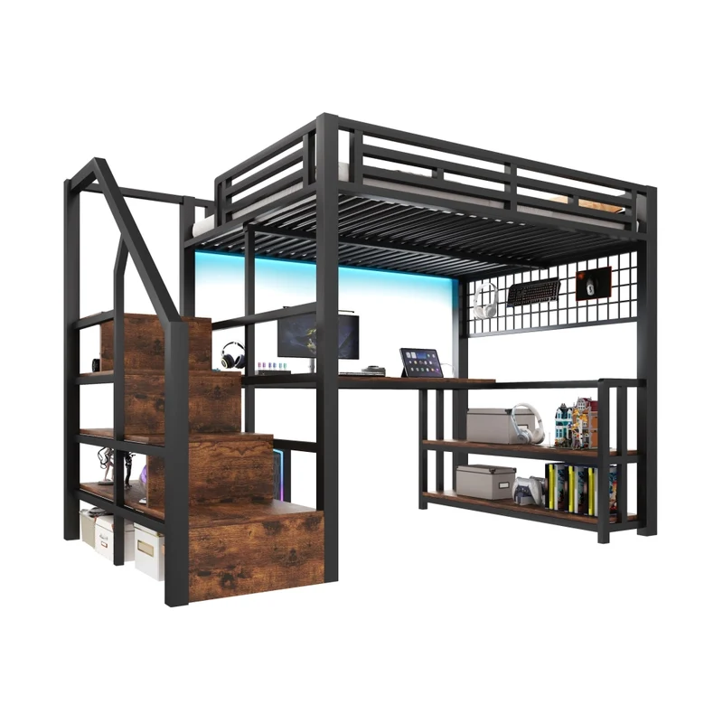 Letto a soppalco 140 x 200 cm in metallo nero con LED; scrivania e contenitori