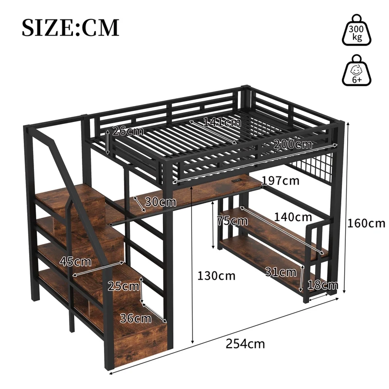 Letto a soppalco 140 x 200 cm in metallo nero con LED; scrivania e contenitori