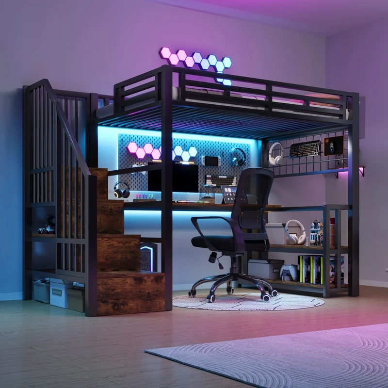 Letto a soppalco 90x200 cm con scrivania; scala contenitore; luci LED e struttura in metallo e MDF; nero