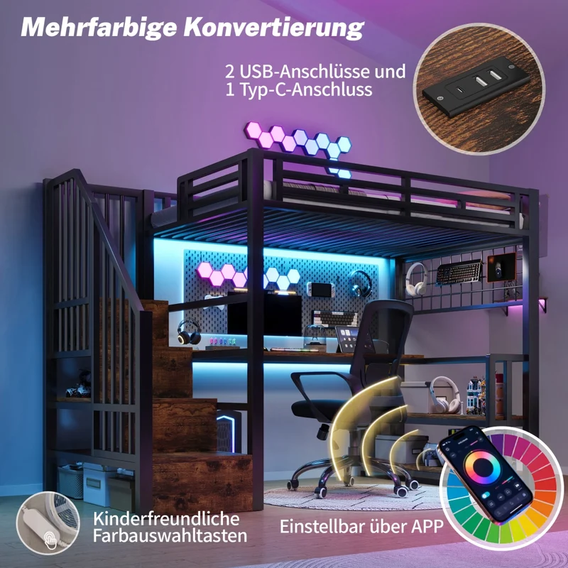 Letto a soppalco 90x200 cm con scrivania; scala contenitore; luci LED e struttura in metallo e MDF; nero
