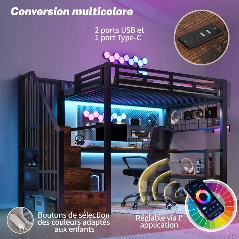 Letto a soppalco 90x200 cm con scrivania; scala contenitore; luci LED e struttura in metallo e MDF; nero