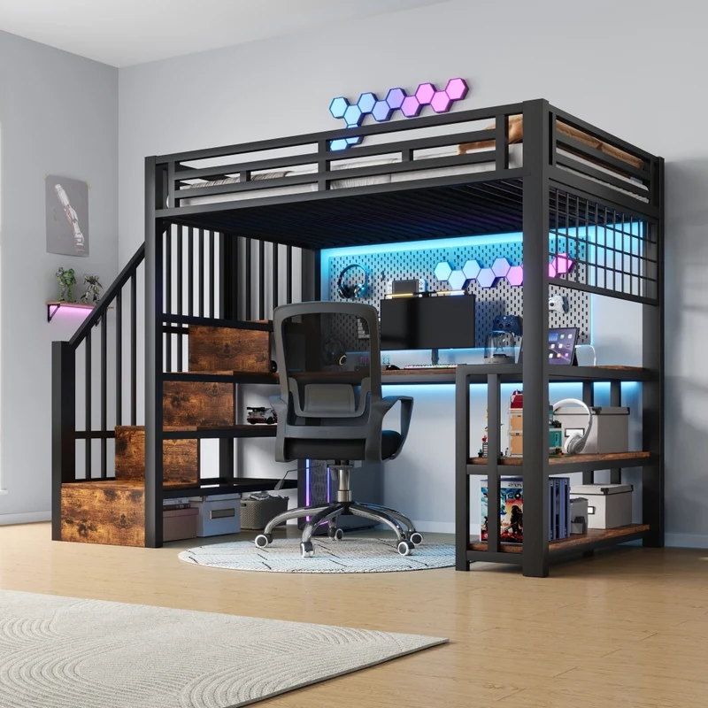 Letto a soppalco 90x200 cm con scrivania; scala contenitore; luci LED e struttura in metallo e MDF; nero