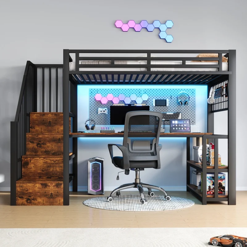 Letto a soppalco 90x200 cm con scrivania; scala contenitore; luci LED e struttura in metallo e MDF; nero