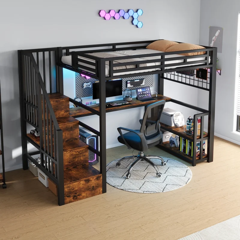 Letto a soppalco 90x200 cm con scrivania; scala contenitore; luci LED e struttura in metallo e MDF; nero