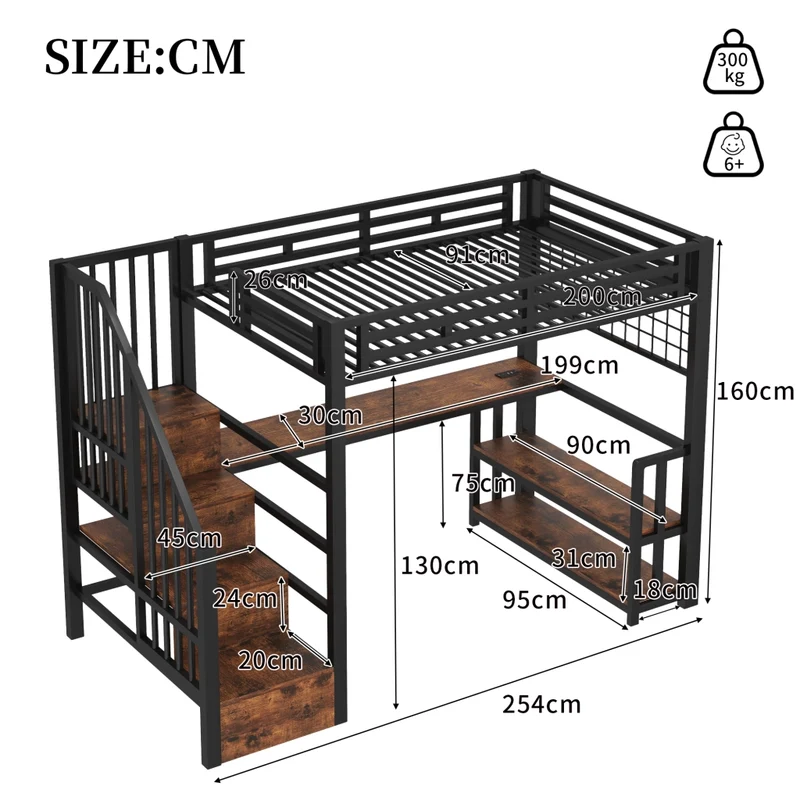 Letto a soppalco 90x200 cm con scrivania; scala contenitore; luci LED e struttura in metallo e MDF; nero