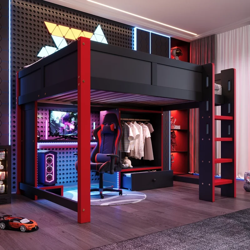 Letto a soppalco 140x200 con scrivania gaming; armadio; scala e illuminazione RGB; nero e rosso