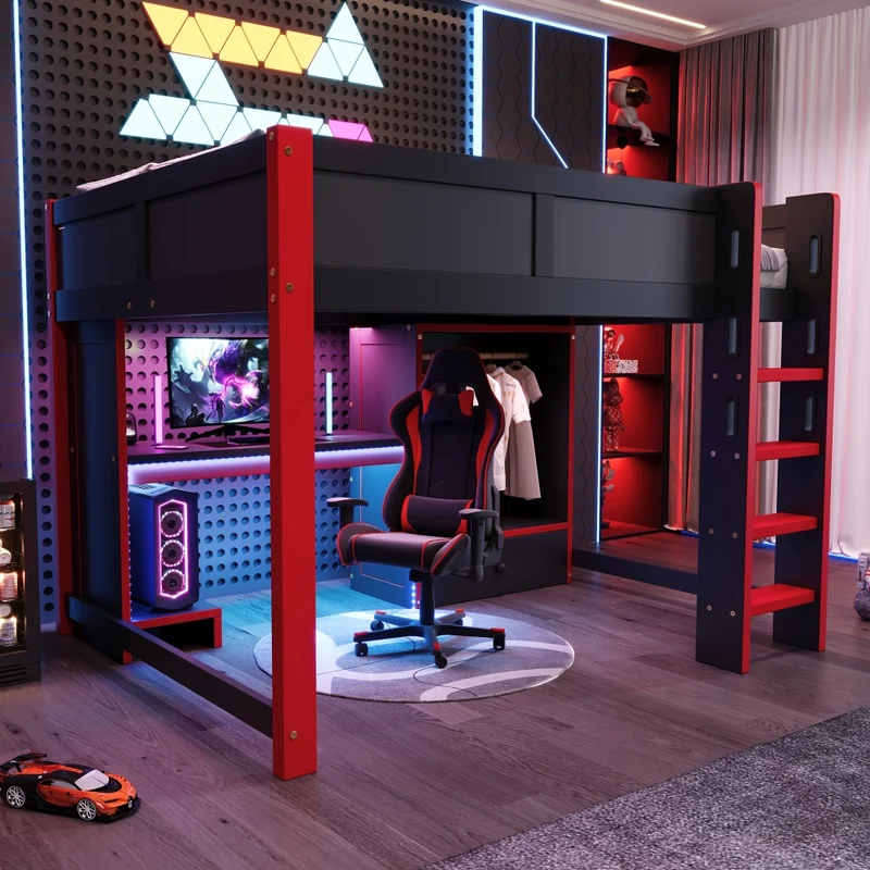 Letto a soppalco 140x200 con scrivania gaming; armadio; scala e illuminazione RGB; nero e rosso