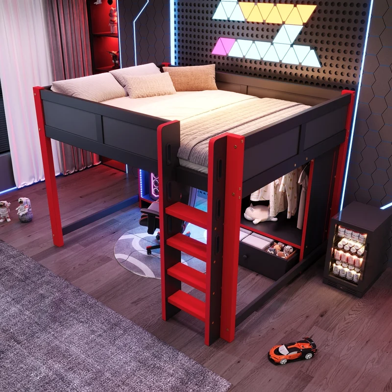 Letto a soppalco 140x200 con scrivania gaming; armadio; scala e illuminazione RGB; nero e rosso