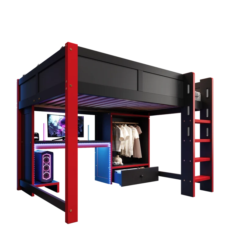 Letto a soppalco 140x200 con scrivania gaming; armadio; scala e illuminazione RGB; nero e rosso