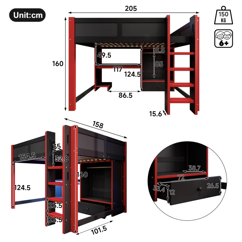 Letto a soppalco 140x200 con scrivania gaming; armadio; scala e illuminazione RGB; nero e rosso