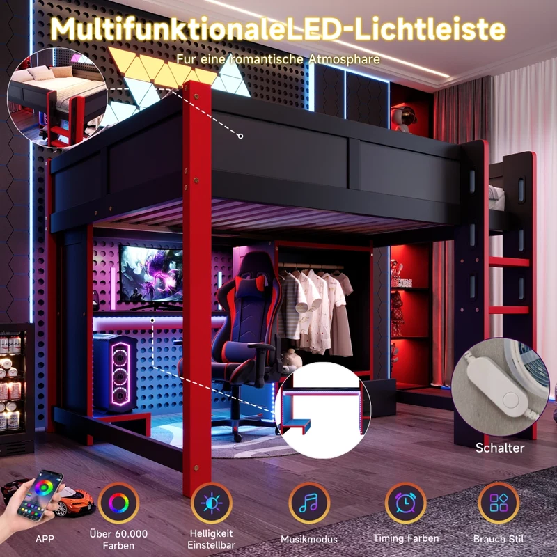 Letto a soppalco 140x200 con scrivania gaming; armadio; scala e illuminazione RGB; nero e rosso