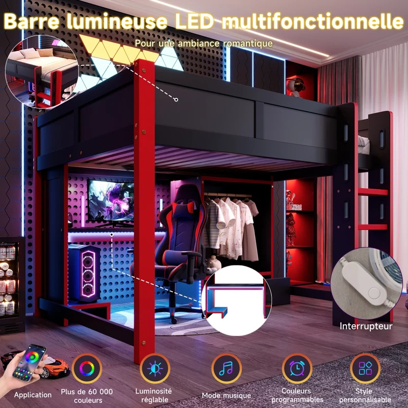 Letto a soppalco 140x200 con scrivania gaming; armadio; scala e illuminazione RGB; nero e rosso