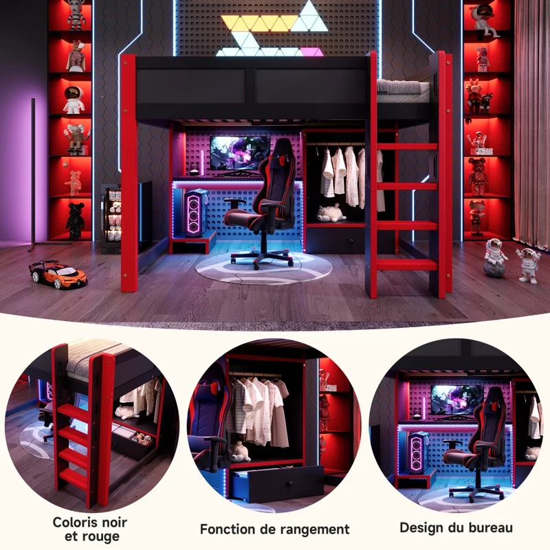 Letto a soppalco 140x200 con scrivania gaming; armadio; scala e illuminazione RGB; nero e rosso