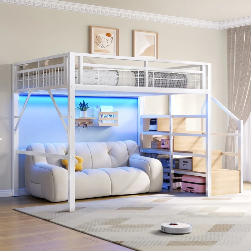 Letto a soppalco 140x200 cm con struttura in metallo e MDF; scala contenitore e luce LED; bianco