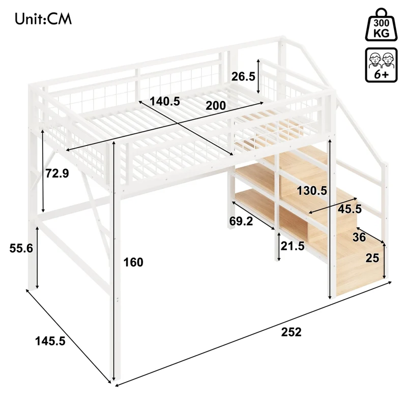 Letto a soppalco 140x200 cm con struttura in metallo e MDF; scala contenitore e luce LED; bianco