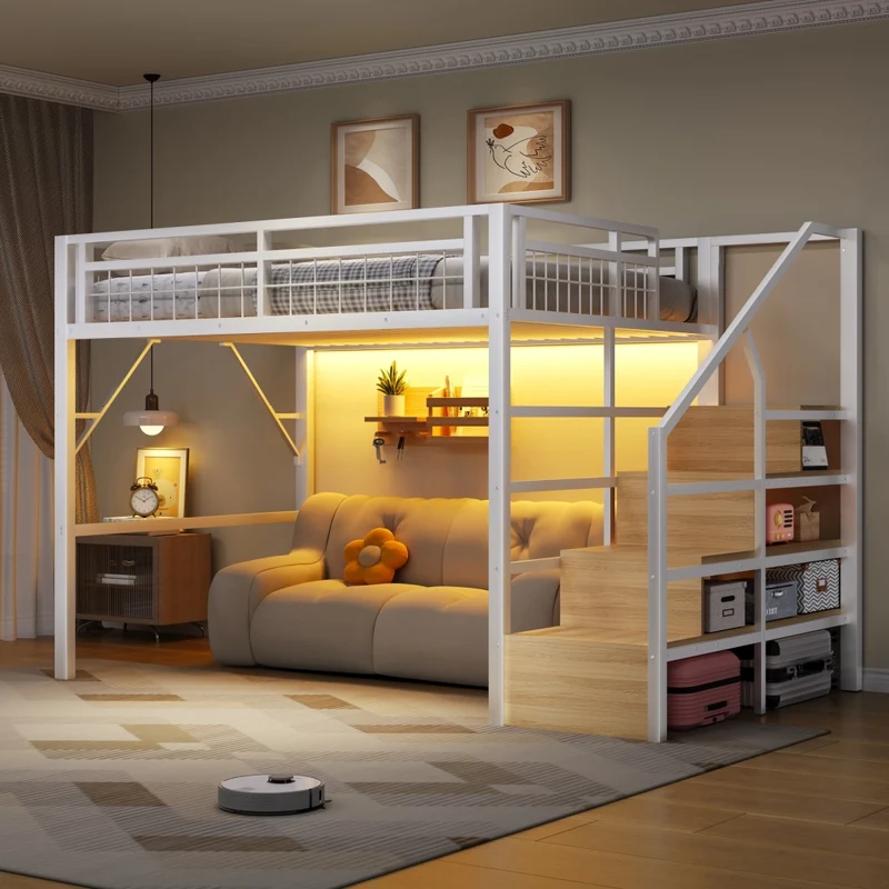 Letto a soppalco 140x200 cm con struttura in metallo e MDF; scala contenitore e luce LED; bianco