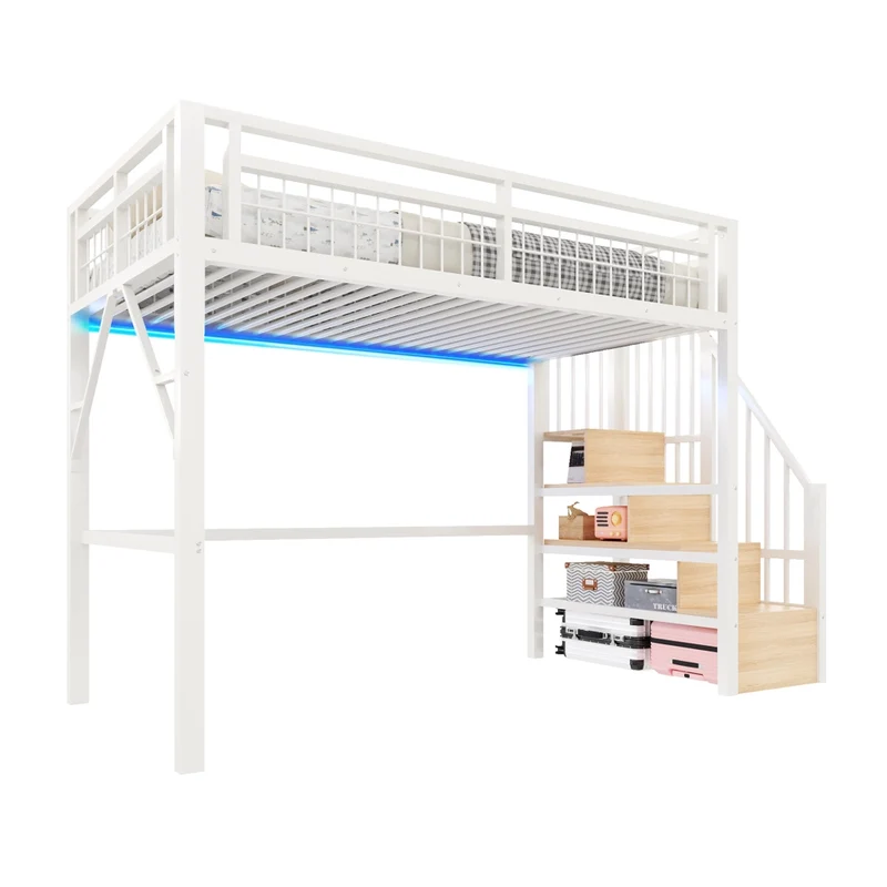 Letto a soppalco 140x200 cm con struttura in metallo e MDF; scala contenitore e luce LED; bianco