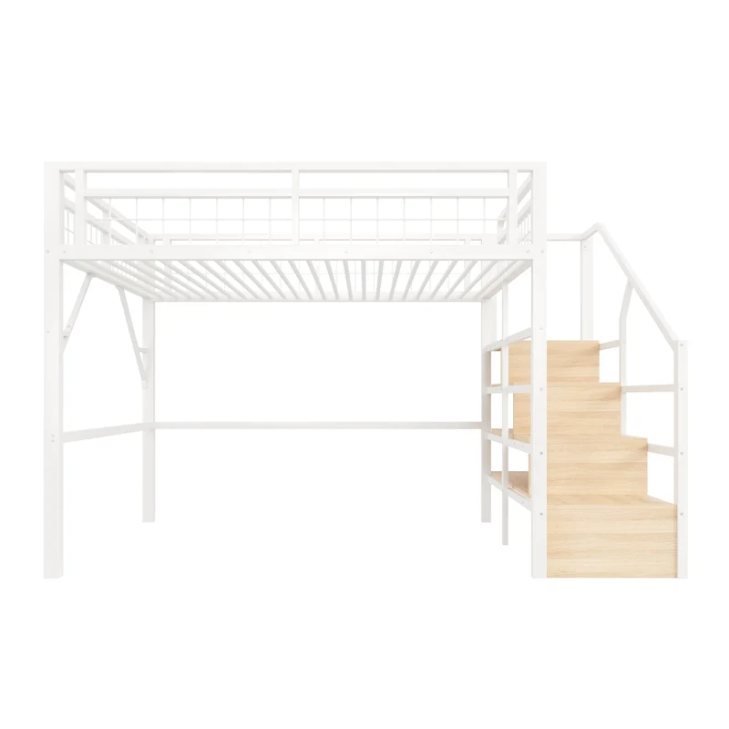 Letto a soppalco 140x200 cm con struttura in metallo e MDF; scala contenitore e luce LED; bianco