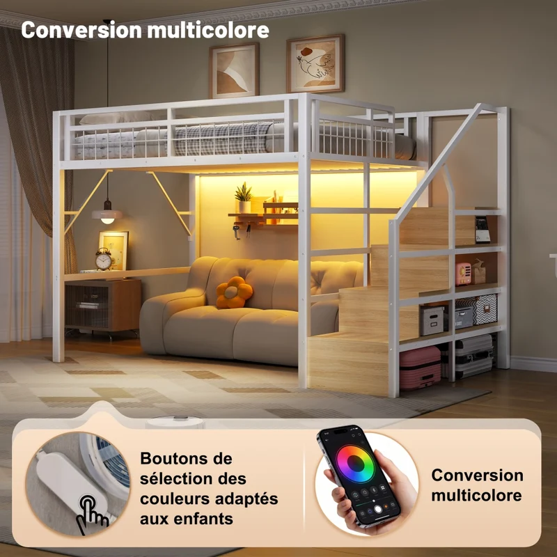 Letto a soppalco 140x200 cm con struttura in metallo e MDF; scala contenitore e luce LED; bianco