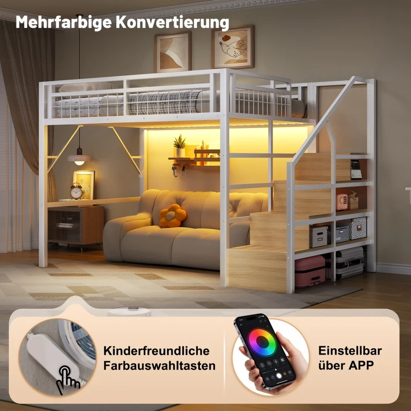 Letto a soppalco 140x200 cm con struttura in metallo e MDF; scala contenitore e luce LED; bianco
