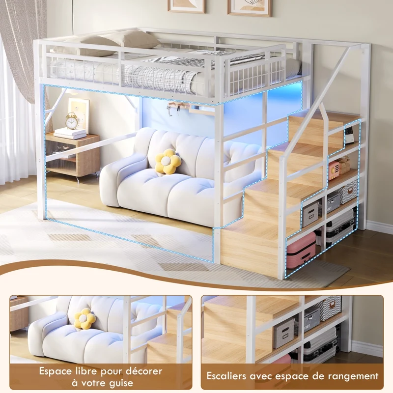 Letto a soppalco 140x200 cm con struttura in metallo e MDF; scala contenitore e luce LED; bianco