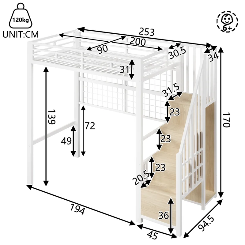 Letto a soppalco 90 x 200 cm con armadio integrato e struttura in ferro bianco