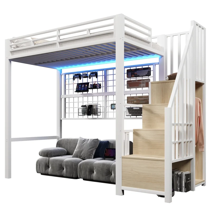 Letto a soppalco 90 x 200 cm con armadio integrato e struttura in ferro bianco