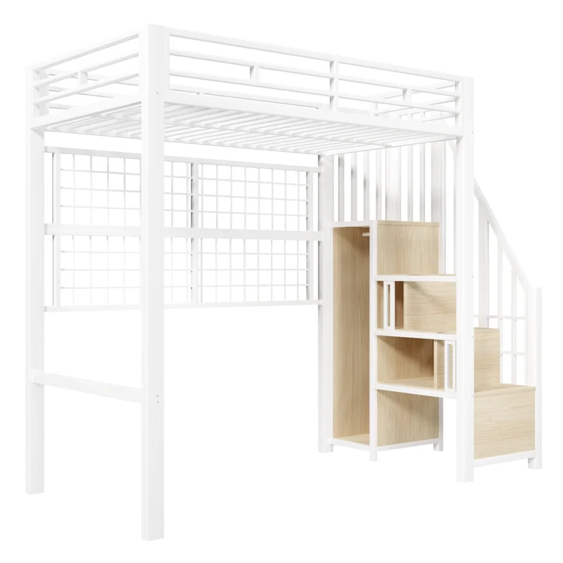 Letto a soppalco 90 x 200 cm con armadio integrato e struttura in ferro bianco