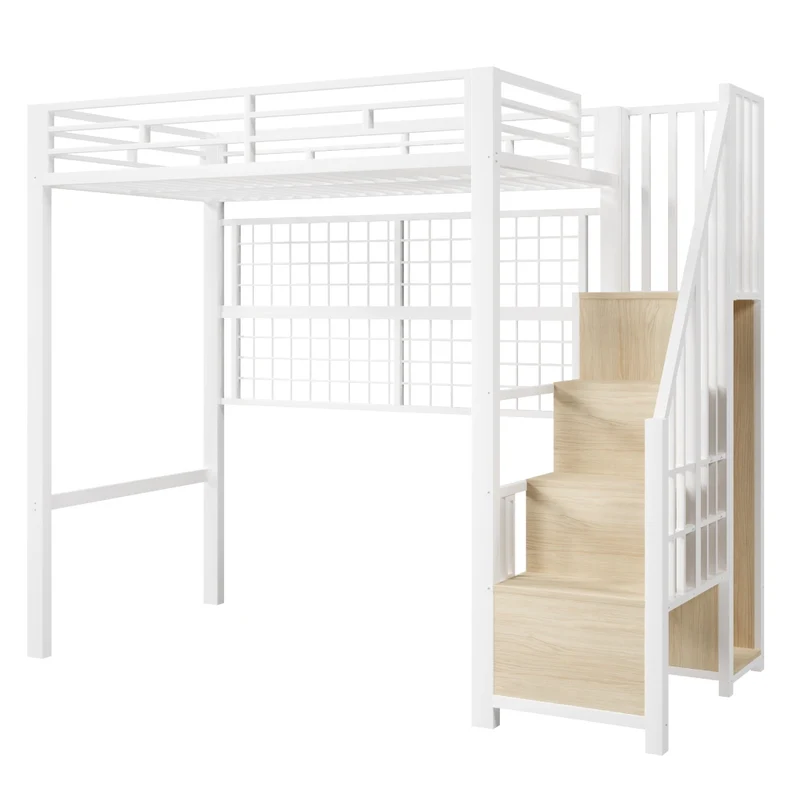 Letto a soppalco 90 x 200 cm con armadio integrato e struttura in ferro bianco