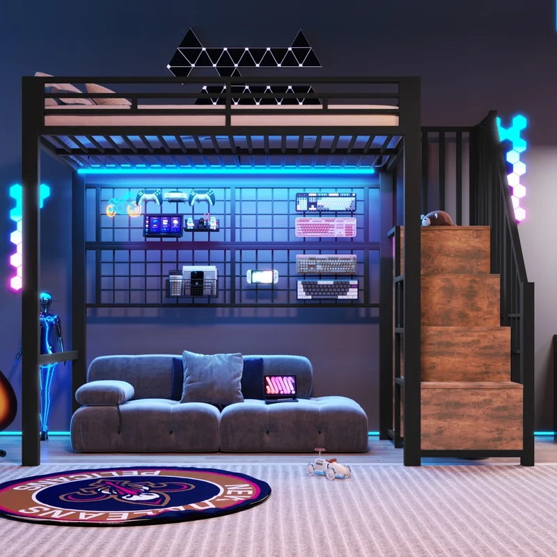 Letto a soppalco 90x200 in metallo nero con armadio integrato e luci LED