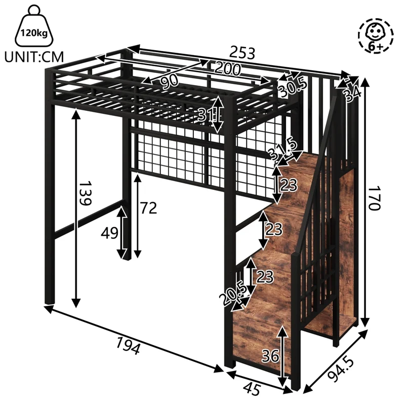 Letto a soppalco 90x200 in metallo nero con armadio integrato e luci LED